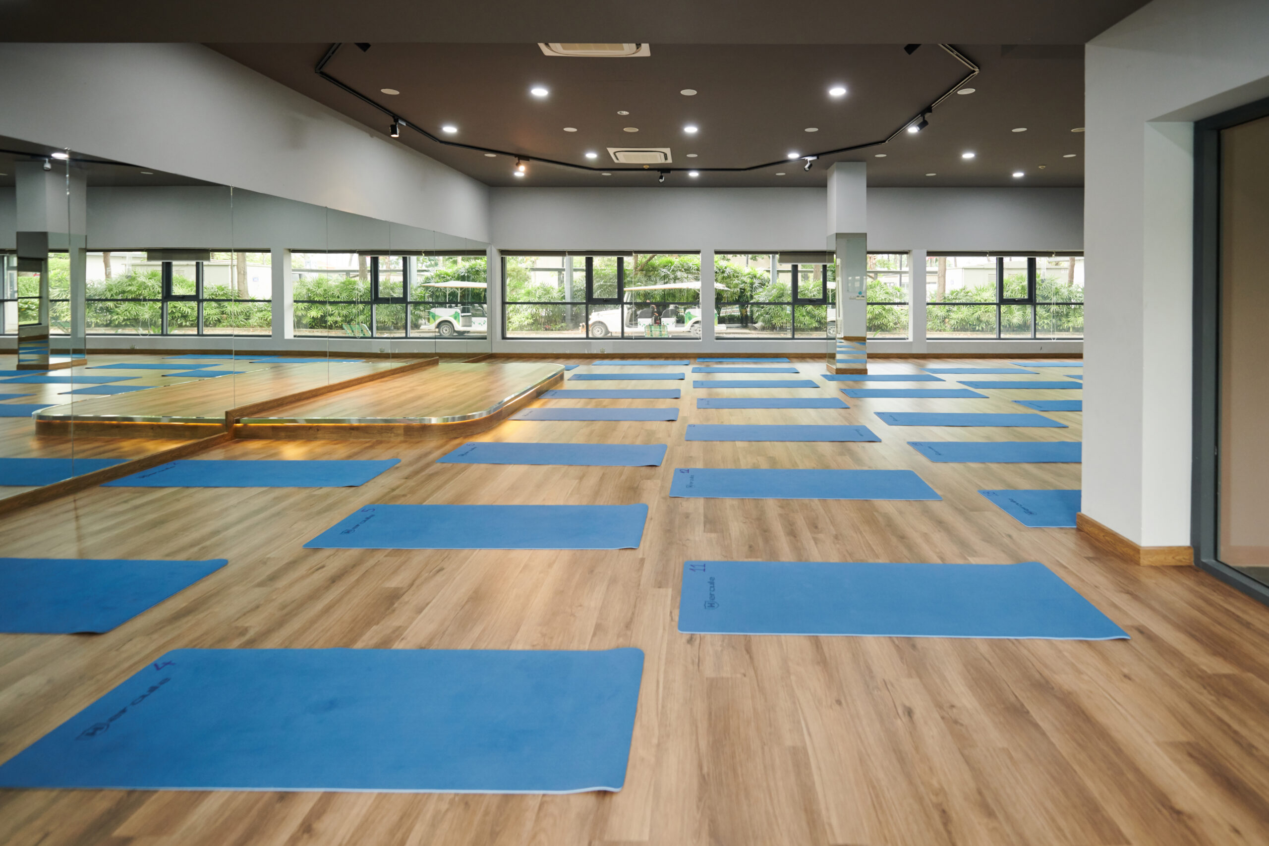 Yoga Mats Rolled out in in Studio Blue yoga mats rolled out in spacious empty dance studio